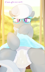 Size: 1368x2160 | Tagged: suggestive, artist:not_texmex, silver spoon, alternate version, blue dress, clothes, derpibooru exclusive, diaper, diaper fetish, diaper spoon, dress, dress lift, earth pony, female, fetish, filly, flashing, foal, foalcon, g4, glasses, imported from derpibooru, looking at you, non-baby in diaper, outdoors, pony, sitting, skirt, smiling, solo, solo female, swing, swing set, upskirt, urine, wet diaper, wetting diaper, white diaper