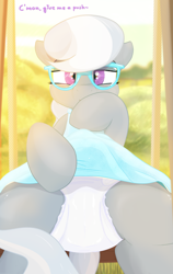 Size: 1368x2160 | Tagged: suggestive, artist:not_texmex, silver spoon, alternate version, blue dress, clothes, derpibooru exclusive, diaper, diaper fetish, diaper spoon, dock, dress, dress lift, earth pony, female, fetish, filly, flashing, foal, foalcon, g4, glasses, imported from derpibooru, looking at you, non-baby in diaper, outdoors, pony, sitting, skirt, smiling, solo, solo female, swing, swing set, tail, upskirt, white diaper