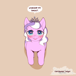 Size: 1200x1200 | Tagged: suggestive, artist:cold-blooded-twilight, diamond tiara, bedroom eyes, blushing, boop my snoot, boop request, both cutie marks, dialogue, female, filly, foal, foalcon, from below, g4, heart, heart eyes, imported from derpibooru, open mouth, sitting, smiling, snoot worship, solo, solo female, speech bubble, wide hips, wingding eyes