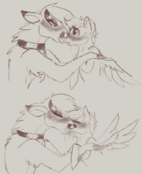 Size: 2802x3413 | Tagged: suggestive, artist:ztrot, scootaloo, oc, oc:sequoia, bedroom eyes, bison, blushing, canon x oc, deer, drool, eyes closed, female, filly, foal, foalcon, french kiss, g4, gray background, grayscale, high res, imported from derpibooru, kissing, looking at each other, looking at someone, male, monochrome, pegasus, pony, ponysona, shipping, simple background, spread wings, straight, tongue out, wings