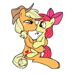 Size: 541x535 | Tagged: suggestive, artist:myra, apple bloom, applejack, age difference, apple sisters, applecest, blushing, drool, duo, duo female, earth pony, embrace, female, filly, floating heart, foal, foalcon, french kiss, g4, heart, heart pounding, holding, imported from derpibooru, incest, kiss on the lips, kissing, lesbian, love, lowres, mare, mare on filly, pony, ship:bloomjack, shipping, sibling incest, siblings, simple background, sisters, sitting on lap, size difference, story included, sweat, white background