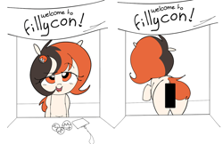 Size: 1126x728 | Tagged: suggestive, artist:php197, oc, oc:monero, art pack:fillycon, advertisement, advertisement in description, art pack, banner, butt, censored, earth pony, female, filly, foal, foalcon, hairpin, imported from derpibooru, oc only, open mouth, plot, pony, solo