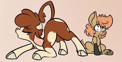 Size: 2388x1218 | Tagged: suggestive, artist:steelsoul, oc, oc:himmel, arizona (tfh), ass up, awkward, blushing, cloven hooves, colt, community related, cow, duo, earth pony, face down ass up, female, foal, foalcon, hiding erection, implied foalcon, imported from derpibooru, male, pony, raised tail, reacting to nudity, simple background, sitting, stretching, sweat, tail, tan background, them's fightin' herds