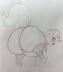 Size: 2907x3275 | Tagged: suggestive, oc, oc:lyrical touch, artist needed, bottom heavy, butt, clothes, fishnet stockings, foalcon, high res, huge butt, hyper, hyper butt, imported from derpibooru, impossibly large butt, large butt, legwear, monochrome, pacifier, plot, pony, sketch, solo, traditional art