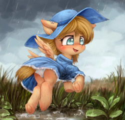 Size: 1126x1080 | Tagged: suggestive, artist:darkstylerz, oc, oc:frozen spirit, butt, cameltoe, clothes, commission, cottagecore, cute, dress, foal, foalcon, frog (hoof), g4, hat, hooves, imported from derpibooru, oc only, panties, pegasus, plot, pony, rain, solo, underhoof, underwear, wet