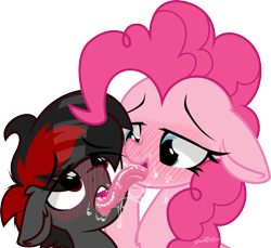 Size: 1500x1373 | Tagged: suggestive, artist:sherathoz, pinkie pie, oc, oc:varan, series:getting laid, age difference, bedroom eyes, blushing, canon x oc, colt, colt on mare, commission, drool, drool string, earth pony, earth pony oc, female, foal, foalcon, french kiss, g4, imported from derpibooru, impossibly long tongue, kissing, large tongue, long tongue, male, mare, open mouth, open smile, pony, simple background, size difference, smiling, straight, straight shota, sweat, tongue out, transparent background