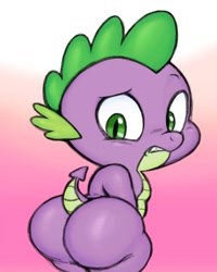 Size: 1600x2000 | Tagged: suggestive, artist:filt, spike, butt, dragon, dragonbutt, foalcon, g4, girly, imported from derpibooru, looking back, male, nudity, pink background, raised tail, simple background, solo, solo male, spikebutt, tail, the ass was fat, thighs, thunder thighs, wide hips