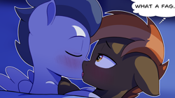 Size: 1920x1080 | Tagged: suggestive, artist:ponypretzel, button mash, bed, blushing, colt, colt on colt, duo, duo male, earth pony, embarrassed, eyes closed, faggot, foal, foalcon, french kiss, g4, gay, imported from derpibooru, kissing, lidded eyes, male, night, pegasus, pony, rumble, ship:rumblemash, shipping, slur, spread wings, text, thought bubble, vulgar, wingboner, wings