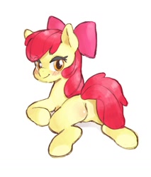 Size: 1328x1562 | Tagged: suggestive, artist:yokappa69, apple bloom, adorabloom, bedroom eyes, bloom butt, blushing, butt, cute, earth pony, female, filly, foal, foalcon, g4, imported from derpibooru, looking at you, lying down, plot, pony, prone, simple background, smiling, white background