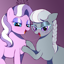 Size: 2139x2139 | Tagged: suggestive, artist:filly fantastique, diamond tiara, silver spoon, after kiss, bedroom eyes, blank flank, chest fluff, drool, drool string, duo, duo female, earth pony, female, filly, foal, foalcon, g4, glasses, gradient background, high res, imported from derpibooru, kissing, lesbian, lidded eyes, looking at you, open mouth, pony, sexy, ship:silvertiara, shipping, stupid sexy diamond tiara, stupid sexy silver spoon, teasing