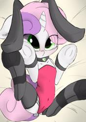 Size: 1748x2480 | Tagged: suggestive, artist:abracadabra, sweetie belle, bunny suit, cameltoe, clothes, cute, diasweetes, female, filly, foal, foalcon, g4, garter belt, imported from derpibooru, legwear, pony, socks, solo, solo female, striped socks, thigh highs, unicorn