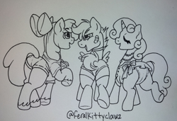 Size: 2048x1400 | Tagged: suggestive, artist:feralkittyclawz, apple bloom, scootaloo, sweetie belle, apple bloom's bow, band-aid, bloom butt, booty mark crusaders, bow, butt, cameltoe, clothes, cutie mark crusaders, dress, earth pony, eyes closed, foalcon, g4, grayscale, hair bow, imported from derpibooru, jewelry, legwear, looking at each other, looking at someone, monochrome, necklace, open mouth, open smile, panties, pegasus, plot, pony, raised hoof, raised leg, rear view, ribbon, scootabutt, shirt, shorts, smiling, socks, spread wings, sweetie butt, tail, thigh highs, traditional art, underhoof, underwear, unicorn, unshorn fetlocks, wings