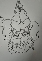 Size: 1397x2048 | Tagged: suggestive, artist:feralkittyclawz, diamond tiara, silver spoon, bdsm, blindfold, bondage, clothes, duo, duo female, earth pony, female, filly, foal, foalcon, g4, grayscale, hanging, hanging upside down, hooves behind back, imported from derpibooru, kiss on the lips, kissing, legwear, lesbian, monochrome, pony, restrained, ship:silvertiara, shipping, socks, suspended, suspension bondage, thigh highs, tied hooves, traditional art, upside down