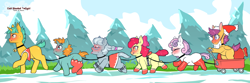 Size: 2880x960 | Tagged: suggestive, artist:cold-blooded-twilight, apple bloom, scootaloo, silver spoon, sweetie belle, series:bdeersm, bell, blank flank, blushing, cat bell, christmas, colt, cutie mark crusaders, earth pony, equal opportunity lewd, female, filly, foal, foalcon, g4, hat, holiday, imported from derpibooru, leash, male, pegasus, pony, santa hat, sleigh, snails, snips, sweat, tongue out, unicorn