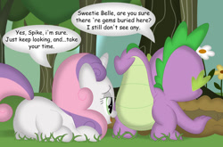 Size: 1100x726 | Tagged: suggestive, artist:porygon2z, spike, sweetie belle, butt, digging, dragon, dragonbutt, duo, duo male and female, eyes on the prize, featureless crotch, female, filly, flower, foal, foalcon, g4, imported from derpibooru, looking at butt, male, plot, pony, ship:spikebelle, shipping, speech bubble, straight, sweetie butt, unicorn, wingless spike