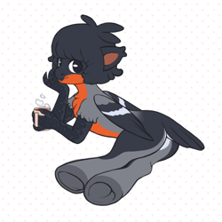 Size: 1280x1280 | Tagged: safe, artist:purring_cat, oc, oc:gil, bird, bullfinch, butt, colt, cup, cute, femboy, foal, foalcon, hippogriff, hippogriff oc, imported from derpibooru, lying down, male, plot, pony, simple background, solo, underhoof