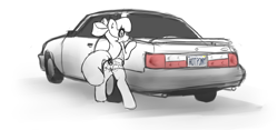 Size: 1280x601 | Tagged: suggestive, artist:taps, apple bloom, bloom butt, butt, car, clothes, daisy dukes, denim, denim shorts, earth pony, female, filly, foal, foalcon, g4, imported from derpibooru, mustang, plot, pony, pose, shorts, simple background, solo, standing, white background