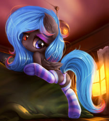 Size: 1221x1351 | Tagged: suggestive, artist:darkstylerz, oc, oc:midnight bloom, bed, butt, clothes, commission, female, filly, foal, foalcon, imported from derpibooru, oc only, panties, pegasus, plot, pony, socks, striped socks, striped underwear, underwear, ych result