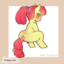 Size: 1200x1200 | Tagged: suggestive, artist:cold-blooded-twilight, apple bloom, alternate hairstyle, blank flank, bloom butt, blushing, bow, butt, dock, earth pony, female, filly, foal, foalcon, from behind, g4, imported from derpibooru, looking at you, looking back, looking back at you, plot, pony, ponytail, ribbon, smoltober, solo, tail