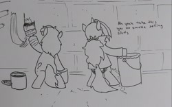 Size: 2048x1277 | Tagged: suggestive, artist:pony quarantine, oc, oc:dyx, oc:filly anon, alicorn, bipedal, dialogue, duo, earth pony, facing away, female, filly, foal, foalcon, graffiti, grayscale, hoof hold, imported from derpibooru, monochrome, oc only, paint, paintbrush, pissing, pony, traditional art, urine, vandalism