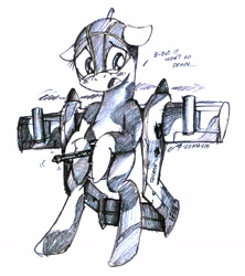 Size: 1908x2152 | Tagged: suggestive, oc, artist needed, autocannon, blushing, blushing profusely, colt, embarrassed, foal, foalcon, funny, implied erection, imported from derpibooru, looking at you, male, marines, minigun, oc only, original species, ov-10 bronco, plane, plane pony, propeller, rotary cannon, simple background, solo, talking to viewer, white background, worried