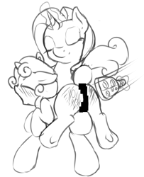 Size: 920x1135 | Tagged: suggestive, artist:fearingfun, rarity, sweetie belle, butt, censored, duo, edit, eyes closed, female, filly, foal, foalcon, g4, imported from derpibooru, levitation, magic, mare, over the knee, paddle, plot, pony, siblings, simple background, sisters, source needed, spank mark, spanking, telekinesis, traditional art, unicorn, white background