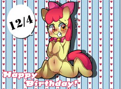 Size: 860x630 | Tagged: suggestive, artist:siroikaho, apple bloom, belly button, blushing, bowtie, earth pony, female, filly, foal, foalcon, g4, grin, happy birthday, imported from derpibooru, pony, smiling, solo