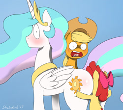 Size: 1225x1096 | Tagged: suggestive, artist:strebiskunk, apple bloom, applejack, princess celestia, 2018, alicorn, blushing, butt, butthug, earth pony, faceful of ass, female, filly, foal, foalcon, g4, hug, imported from derpibooru, mare, old art, plot, pony, praise the sun, reverse foalcon, sunbutt