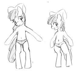 Size: 703x656 | Tagged: suggestive, artist:seidouryu, apple bloom, adorabloom, aside glance, belly button, bipedal, blushing, cameltoe, clothes, cute, earth pony, female, filly, foal, foalcon, g4, imported from derpibooru, looking at you, open mouth, panties, pony, sketch, smiling, solo, underwear