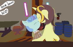 Size: 1400x900 | Tagged: safe, artist:minus, oc, oc:golden trim, oc:rocky (colt quest), age difference, bar, barrel, chair, clothes, colt, colt on stallion, costume, deep rock galactic, derpibooru exclusive, detailed background, dialogue, duo, embrace, eyes closed, fire extinguisher, foal, foalcon, gay, horn, hug, imminent foalcon, imminent kissing, imported from derpibooru, male, no mouth, oc only, oc x oc, offscreen character, pixel art, pony, ship:goldenky, shipping, stallion, stallion on colt, swirly mane, table, two toned mane, unicorn, unicorn oc