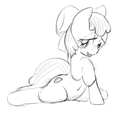 Size: 1000x886 | Tagged: suggestive, artist:seidouryu, apple bloom, bedroom eyes, belly button, blushing, earth pony, female, filly, foal, foalcon, g4, imported from derpibooru, pony, sketch, solo, tongue out