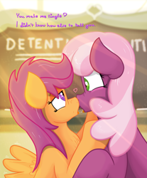 Size: 1791x2160 | Tagged: suggestive, artist:glutenfree_texmex, scootaloo, after kiss, age difference, bedroom eyes, chalkboard, cheerilee, chest fluff, derpibooru exclusive, detention, drool, drool string, earth pony, female, filly, foal, foalcon, g4, imported from derpibooru, kissing, lesbian, mare, nose to nose, pegasus, pony, ponyville schoolhouse, ship:cheeriloo, shipping, shocked, spread wings, story included, surprise kiss, tongue out, wingboner, wings
