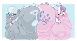 Size: 2048x1114 | Tagged: suggestive, artist:deestopikbakery, diamond tiara, silver spoon, belly on floor, chubby diamond, duo, duo female, earth pony, fat, female, filly, foal, foalcon, g4, imported from derpibooru, morbidly obese, obese, pony, sweat