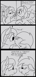 Size: 804x1688 | Tagged: safe, artist:thebathwaterhero, oc, oc:lavender, oc:maple dreams, duo, earth pony, earth pony oc, female, filly, filly on filly, foal, foalcon, food, implied lesbian, imported from derpibooru, kissing, lesbian, lineart, oc only, pegasus, pegasus oc, pony, pony on pony action, waffle