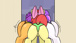 Size: 1920x1080 | Tagged: suggestive, artist:happy harvey, apple bloom, scootaloo, sweetie belle, alternate version, blank flank, bloom butt, booty mark crusaders, bow, butt, clothes, cutie mark crusaders, dock, door, doorway, earth pony, facing away, female, females only, filly, foal, foalcon, frilly underwear, g4, hair bow, imported from derpibooru, line-up, motion lines, panties, pegasus, phone drawing, plot, plotline, pony, rainbow panties, raised tail, rear view, scootabutt, squeezing, striped underwear, stuck, sweetie butt, tail, tail hole, underwear, unicorn