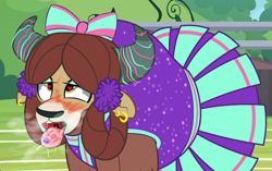 Size: 1585x995 | Tagged: suggestive, artist:anonymous, 2 4 6 greaaat, ahegao, blushing, bow, breath, candy, cheerleader, cheerleader outfit, cheerleader yona, clothes, cropped, cute, drool, ear piercing, earring, edit, edited screencap, female, foalcon, food, g4, hair bow, heart eyes, imported from derpibooru, jewelry, lipstick, lollipop, my little pony: friendship is magic, open mouth, piercing, screencap, smiling, solo, tongue out, wingding eyes, yak, yona