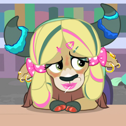 Size: 2000x2000 | Tagged: safe, artist:anonymous, bimbo, blushing, book, bookshelf, bow, candy, cloven hooves, dyed hair, ear piercing, earring, edit, edited screencap, eyeshadow, female, foalcon, food, g4, gold, hair bow, hairclip, high res, hoof polish, imported from derpibooru, jewelry, lidded eyes, lipstick, lollipop, makeup, piercing, screencap, scrunchie, solo, yak, yona