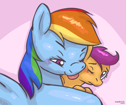 Size: 1200x1000 | Tagged: suggestive, artist:maverick, rainbow dash, scootaloo, age difference, blushing, explicit source, eyebrows, face licking, female, foalcon, g4, imported from derpibooru, larger female, lesbian, licking, looking at someone, multicolored hair, older female, one eye closed, pegasus, rainbow hair, sequence, ship:scootadash, shipping, size difference, smaller female, wings, younger female