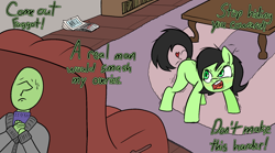 Size: 1940x1080 | Tagged: suggestive, artist:happy harvey, oc, oc:anon, oc:filly anon, alternate version, angry, blank flank, blushing, book, bookshelf, calendar, chair, clothes, coffee table, cowering, desperation, dialogue, ear fluff, earth pony, estrus, faggot, female, filly, foal, foalcon, heart, hiding, horny, human, imminent rape, imminent sex, implied interspecies, implied rape, implied vulvar winking, imported from derpibooru, male, messy mane, misspelling, oc only, open mouth, phone drawing, pony, raised tail, recliner, rug, scared, searching, shaking, sweat, sweater, table, tail, turtleneck, vulgar, wooden floor, yelling