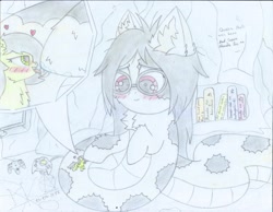 Size: 2196x1700 | Tagged: suggestive, artist:nuclearvolcano, oc, oc:cuppa noodle, oc:filly anon, adorable face, bashful, black mane, blushing, blushing profusely, book, bookshelf, cave, cavern, cheek fluff, chest fluff, controller, cute, description is relevant, detailed background, dreamcast, duo, duo female, ear fluff, emoticon, female, fetish, filly, fluffy, foal, foalcon, glasses, heart, hoof fetish, hoof fluff, hoof licking, imported from derpibooru, japanese, lamia, leg fluff, licking, looking at each other, looking at someone, messy mane, micro, nintendo 64, original species, part of a set, red eyes, rock, shy, signature, story included, television, traditional art, unsure