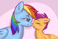 Size: 1800x1200 | Tagged: safe, artist:maverick, rainbow dash, scootaloo, age difference, blushing, explicit source, eyebrows, eyes closed, female, foalcon, foalcon in description, g4, imported from derpibooru, larger female, lesbian, looking at someone, multicolored hair, nuzzling, older female, pegasus, rainbow hair, sequence, ship:scootadash, shipping, size difference, smaller female, wings, younger female