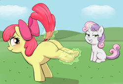 Size: 2048x1406 | Tagged: suggestive, artist:heretichesh, apple bloom, sweetie belle, apple bloom is not amused, ass up, assisted exposure, bedroom eyes, blank flank, bloom butt, blushing, butt, dock, duo, duo female, earth pony, edit, eyebrows, eyebrows visible through hair, female, filly, filly on filly, foal, foalcon, frown, g4, glowing, glowing horn, grin, horn, imported from derpibooru, lesbian, looking back, magic, magic abuse, magic aura, plot, pony, sfw edit, sitting, smiling, tail, tail lift, telekinesis, unamused, underhoof, unicorn