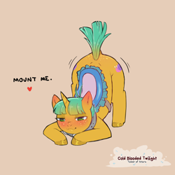 Size: 1200x1200 | Tagged: suggestive, artist:cold-blooded-twilight, ass up, blushing, both cutie marks, collar, colt, dialogue, dock, ear blush, face down ass up, foal, foalcon, freckles, g4, heart, imported from derpibooru, male, pony, raised tail, saddle, simple background, smiling, snails, solo, solo male, tack, tail, tan background, unicorn, unshorn fetlocks, wide hips