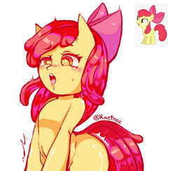 Size: 1028x1004 | Tagged: suggestive, artist:kaetnoc, apple bloom, blushing, drool, earth pony, female, filly, foal, foalcon, g4, heart eyes, imported from derpibooru, pony, reference used, semi-anthro, shivering, wingding eyes