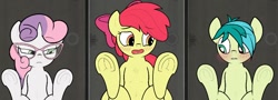 Size: 842x302 | Tagged: suggestive, artist:dailevy, apple bloom, sweetie belle, apple bloom's bow, belly button, blushing, bow, chest fluff, cropped, earth pony, explicit source, female, filly, foal, foalcon, frog (hoof), g4, game, glasses, hair bow, hooves, imported from derpibooru, looking at each other, looking at someone, lying down, male, older, older apple bloom, open mouth, pony, sandbar, secret horse files, spread legs, spreading, stupid sexy apple bloom, stupid sexy sandbar, stupid sexy sweetie belle, trio, underhoof, unicorn