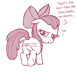 Size: 648x608 | Tagged: safe, artist:nekostar, apple bloom, apple bloom's bow, blushing, bow, butt, chores, corporal punishment, earth pony, edit, featureless crotch, female, filly, foal, foalcon, g4, hair bow, imported from derpibooru, irresponsible, plot, pony, punishment, raised tail, reddened butt, spank mark, spanked, speech, striped rump, tail, talking, text, throbbing
