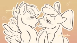 Size: 2872x1615 | Tagged: suggestive, artist:goodnightsunnyy, apple bloom, scootaloo, blushing, cutie mark crusaders, drool, drool string, duo, duo female, earth pony, female, filly, foal, foalcon, g4, implied french kiss, imported from derpibooru, kissing, lesbian, looking into each others eyes, pegasus, pony, ship:scootabloom, shipping, spread wings, text, wingboner, wings, wip