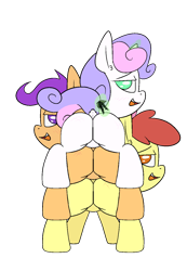 Size: 1000x1443 | Tagged: suggestive, artist:happy harvey, apple bloom, scootaloo, sweetie belle, bloom butt, blushing, booty mark crusaders, butt, colored pupils, cutie mark crusaders, dock, earth pony, featureless crotch, female, filly, foal, foalcon, g4, imported from derpibooru, kiss my ass, levitation, looking at you, looking back, looking back at you, magic, mistletoe, open mouth, pegasus, phone drawing, pile, plot, plot pile, pony, pony pile, pony stacking, raised tail, scootabutt, shipping, smiling, stack, sweetie butt, tail, telekinesis, tower of pony, unicorn