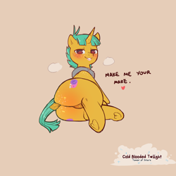 Size: 1200x1200 | Tagged: suggestive, artist:cold-blooded-twilight, bedroom eyes, blushing, both cutie marks, butt freckles, collar, colt, dialogue, dock, featureless crotch, foal, foalcon, freckles, from behind, g4, heart, heart eyes, imported from derpibooru, lipstick, looking at you, male, panting, pony, slave, slave collar, smiling, snails, solo, solo male, tail, underhoof, unicorn, wide hips, wingding eyes