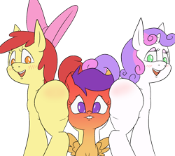 Size: 1589x1414 | Tagged: suggestive, artist:happy harvey, apple bloom, scootaloo, sweetie belle, blank flank, blushing, blushing profusely, bow, butt blush, cmc threesome, colored pupils, cutie mark crusaders, earth pony, female, filly, foal, foalcon, g4, hair bow, hip, imported from derpibooru, lesbian, lidded eyes, lip bite, looking back, pegasus, phone drawing, plot sandwich, polyamory, pony, raised tail, rubbing cheeks, sandwiched, ship:scootabelle, ship:scootabloom, ship:sweetiebloom, ship:sweetiebloomaloo, shipping, simple background, spread wings, tail, transparent background, unicorn, wingboner, wings